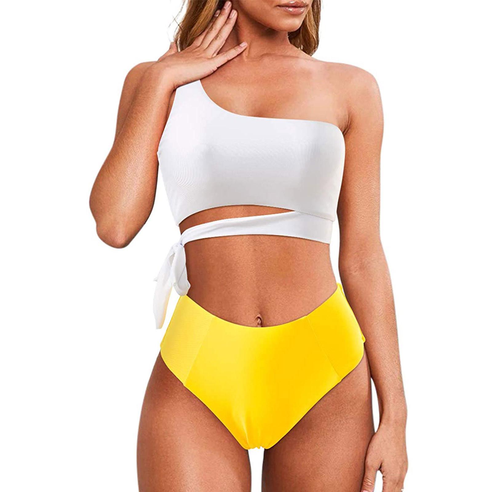 

Fashion Women One-shoulder Strappy Bikini Suit Sexy Casual Split Swimsuit S жовтий