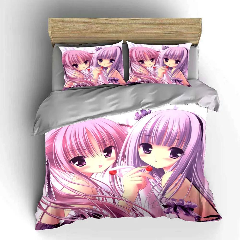3Pcs Anime Lolita Bedding Set Two Pink-Haired Girls with Cherries Print Duvet Cover + 2 Pillowcases Kawaii Bedroom Decor