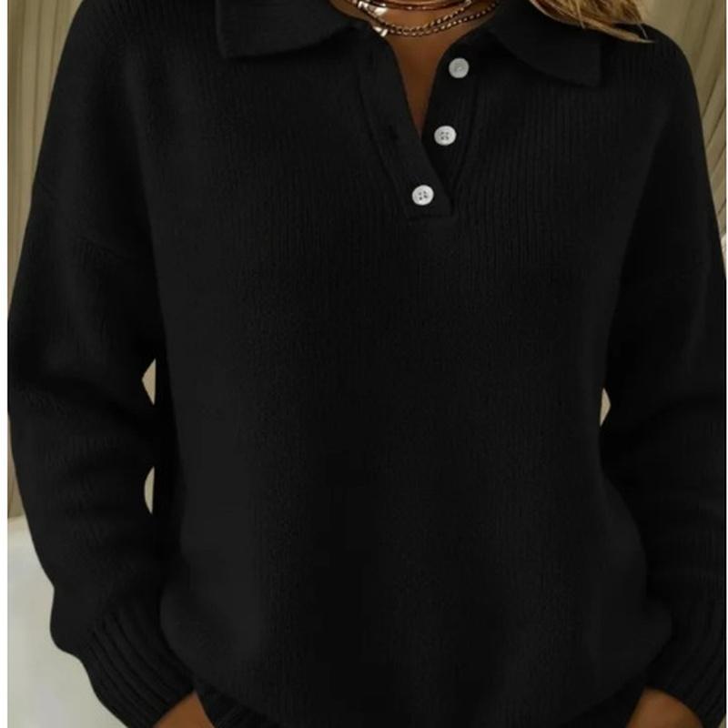 Women's Polo Collar Ribbed Long Sleeve Sweater Top Loose Fit Casual Pullover