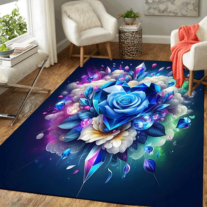1pc Blue Gem Rose Design Area Rug - Soft, Anti-Slip, and Durable Gaming Room Decor for Bedroom