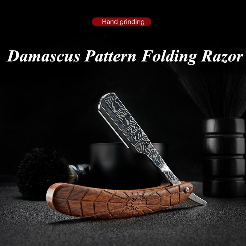 Damascus Pattern Stainless Steel Folding Razor Spider Rosewood Grain Handle Men's Facial Shaver Straight Razor Holder G0722