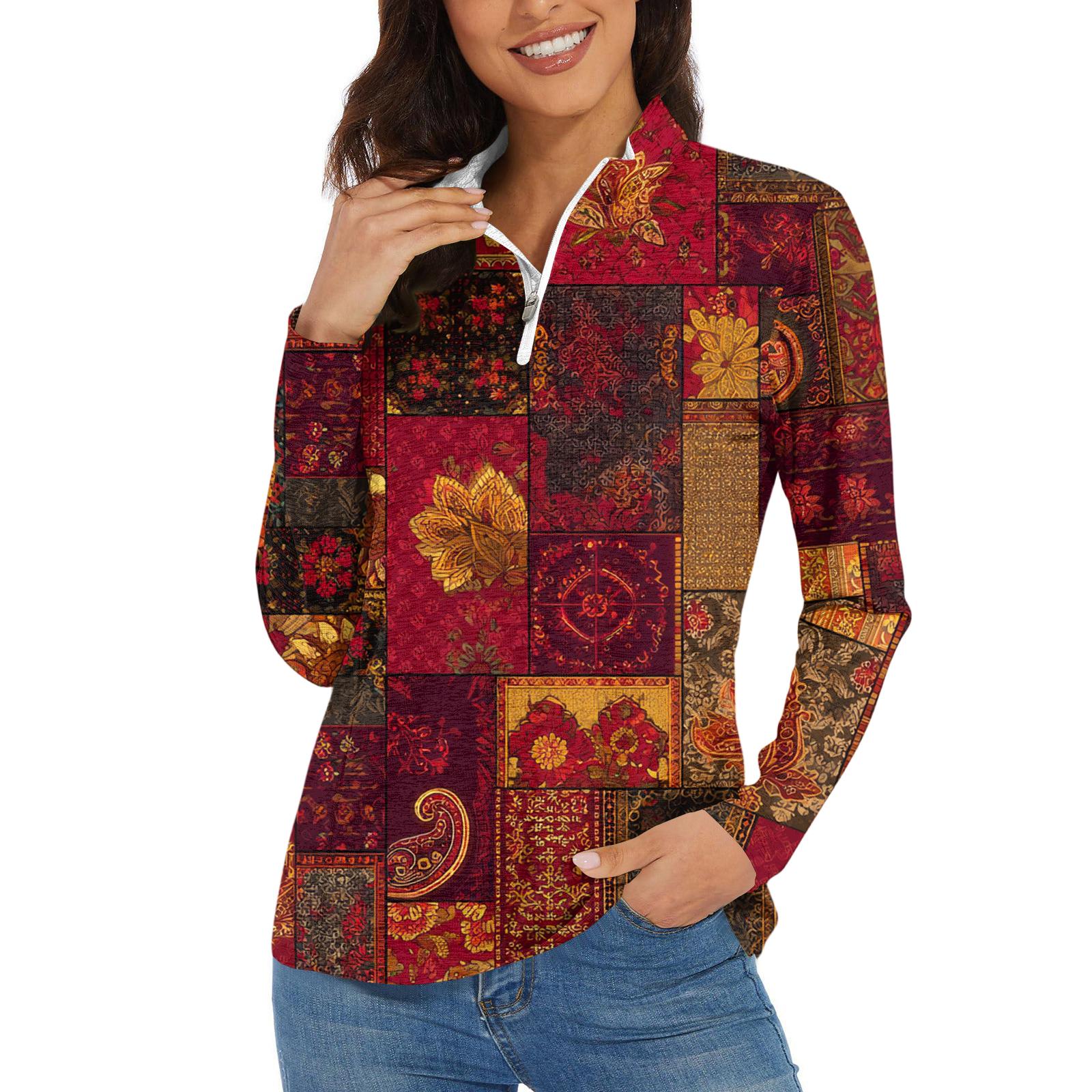 

Women s Casual Fashion Retro Floral Print Long Sleeve Zipper Neck Top T-shirt XL червоний