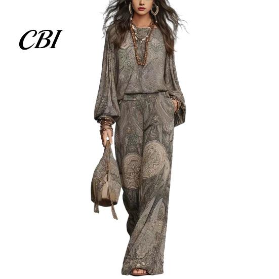 Lightweight Women Clothing Boho Print 2 Piece Sets for Women, Casual Long Sleeve Top Lantern Blouse Wide Leg Pants Matching Sets, Summer Loose Travel