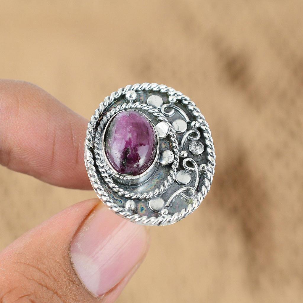 Natural Rhodonite Gemstone Promise Adjustable Ring 925 Sterling Silver For Girls
