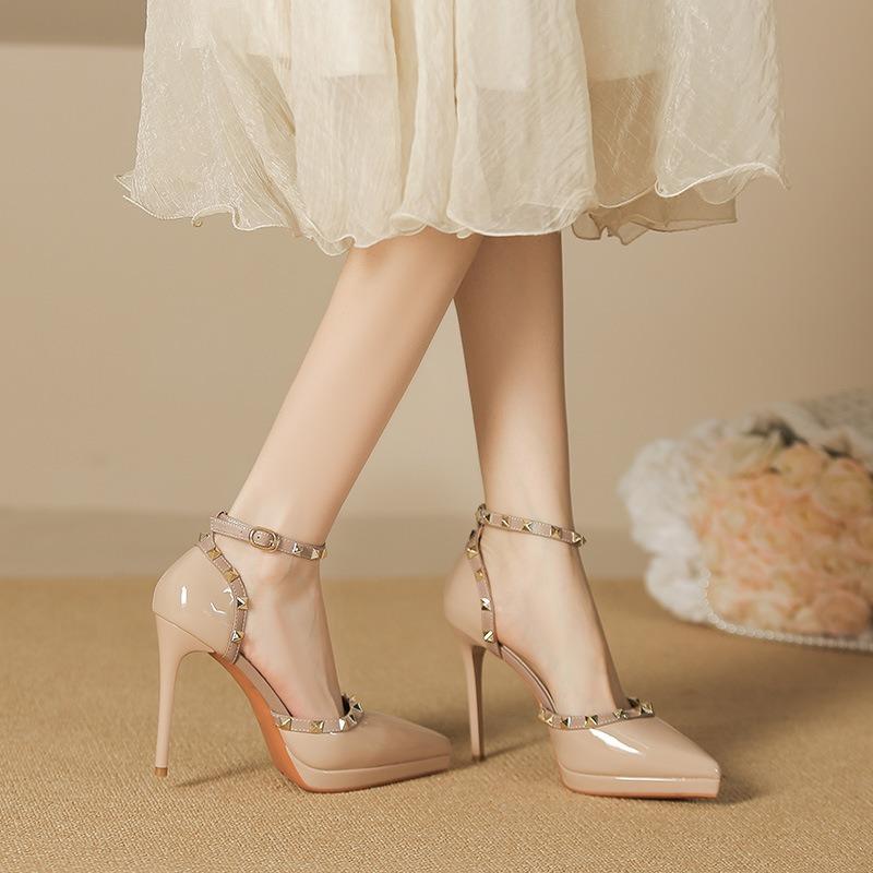 8-One-word Rivet High Heel Single Shoes Pointed Thin Heel Waterproof Table Sandals Women's Hollow Bag Head High Heels