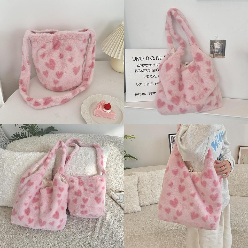 Large Capacity Plush Heart Bucket Bag Stylish Shoulder Tote For Daily Use
