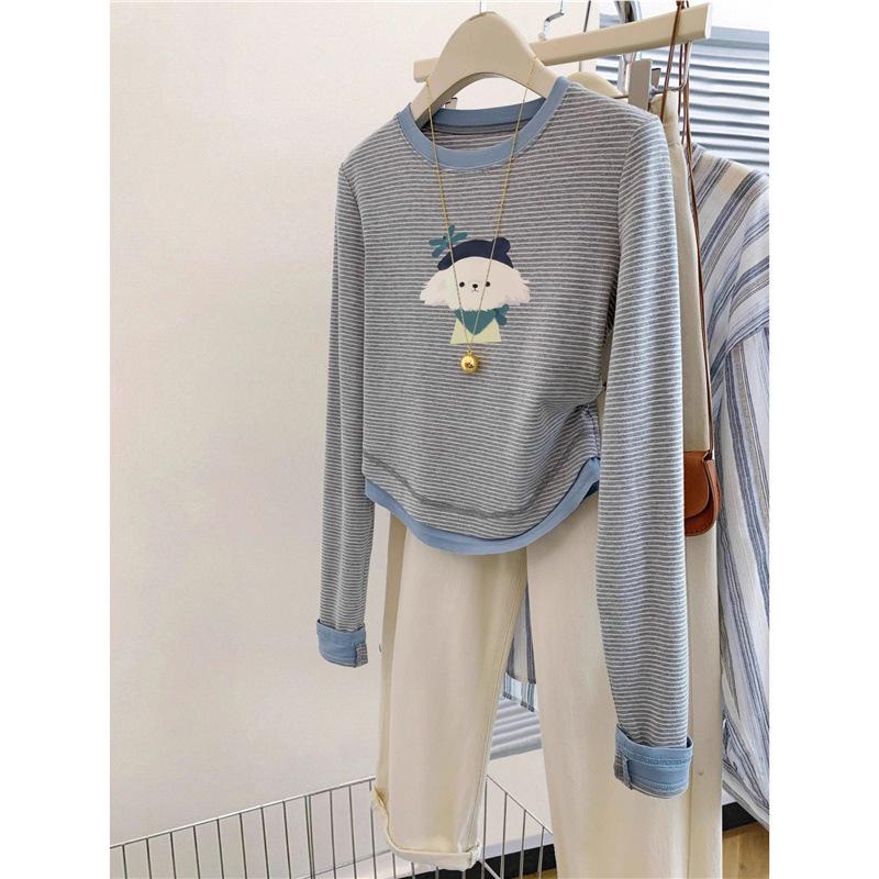 

Women s Slim Korean-Style Stripe Long-Sleeve Shirt, Faux Two-Piece, Spring/Autumn XL