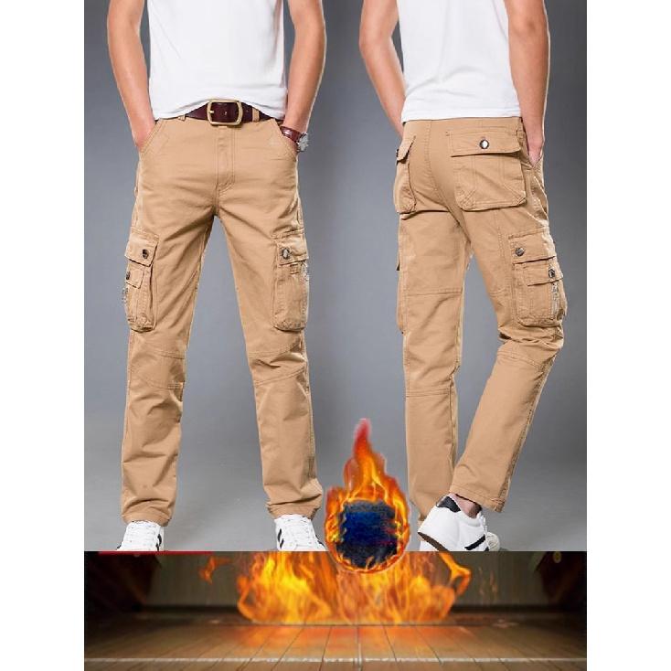 Winter New Men'S Plush Thick Work Pants Warm Cotton Loose Straight Tube Multi Bag Casual Work Pants