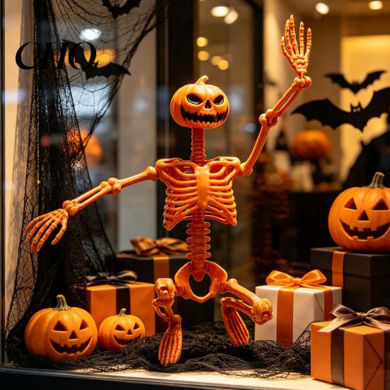 Scary Doorway Hanger 40cm Pumpkin Head Skeleton for Halloween Decoration, Movable Joint Indoor Hanging Ghost Skull Figurine with Lanyard, Spooky Party