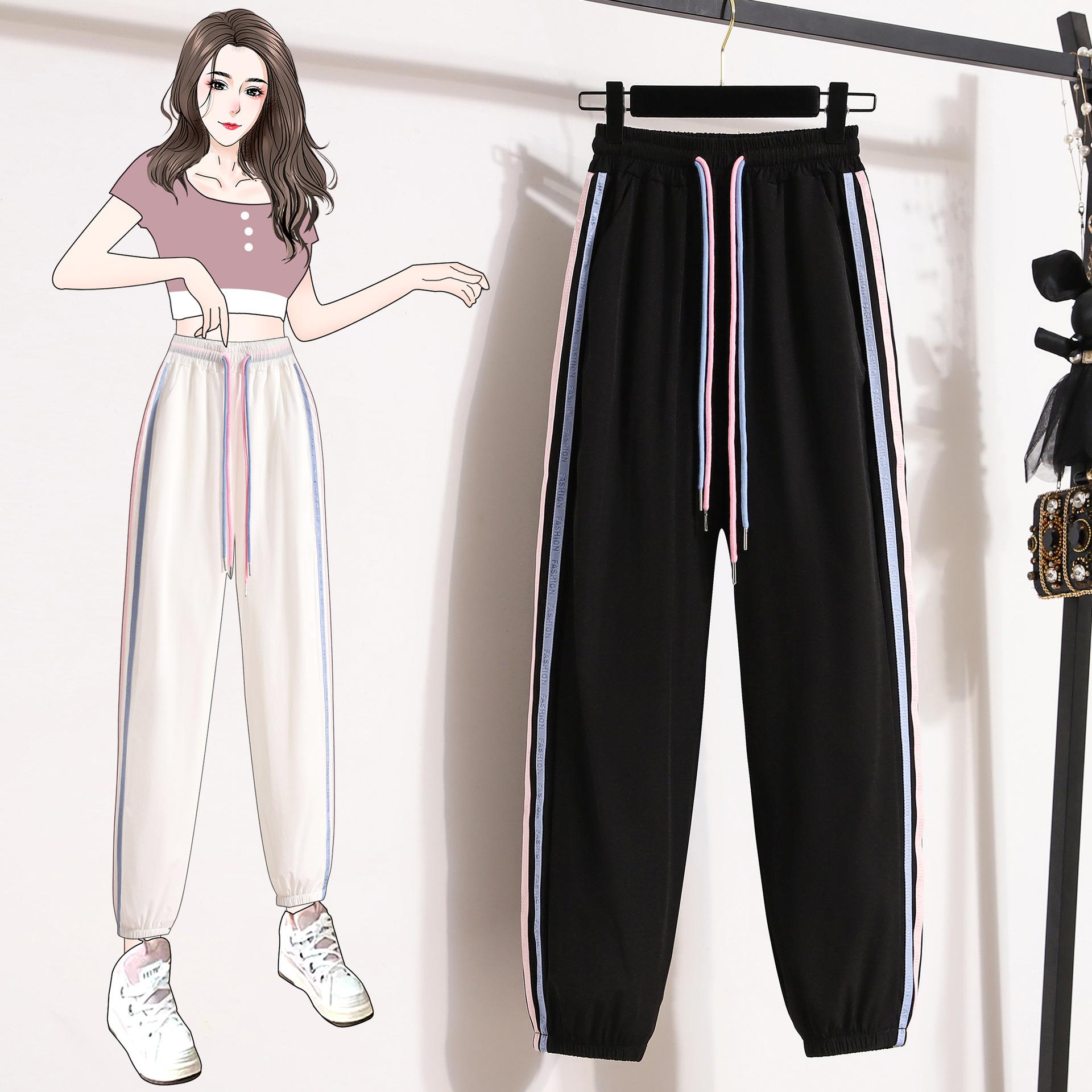 

Новые летние цветные полосатые контрастные солнцезащитные быстросохнущие брюки с высокой талией для похудения свободные повседневные спортивные брюки из ледяного шелка 2XL чёрный