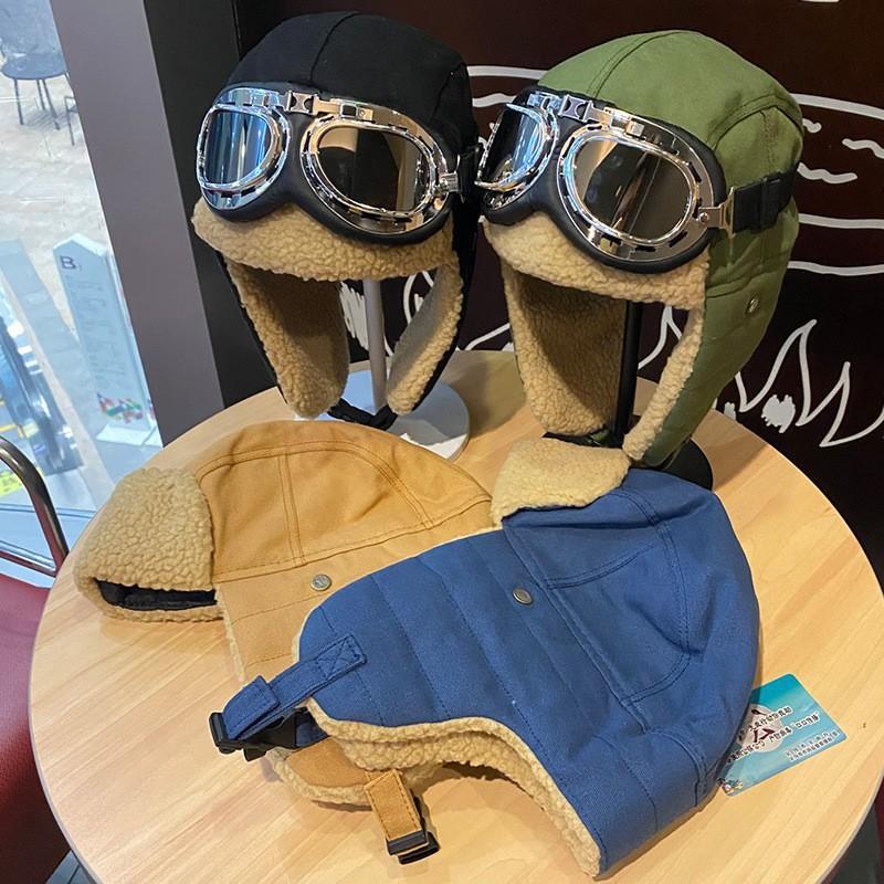 Chapeau de pilote pour hommes et femmes, chaud épais en hiver, protection des oreilles pour le cyclisme en hiver, lunettes coupe-vent et anti-froid, chapeau en coton