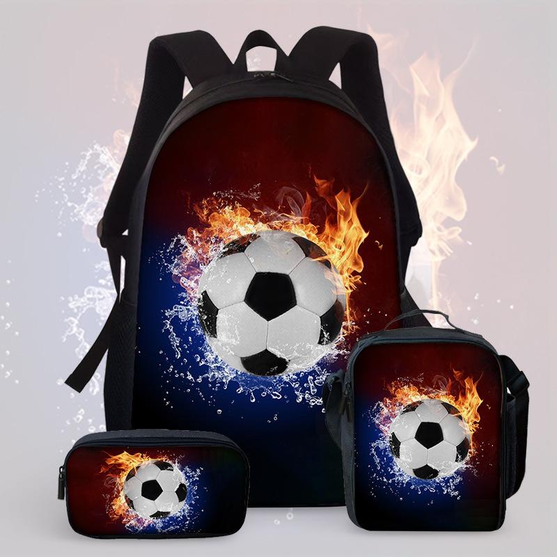 Football Cartoon Print Junior High School Backpack Three-Piece Children'S Schoolbag Primary School Backpack