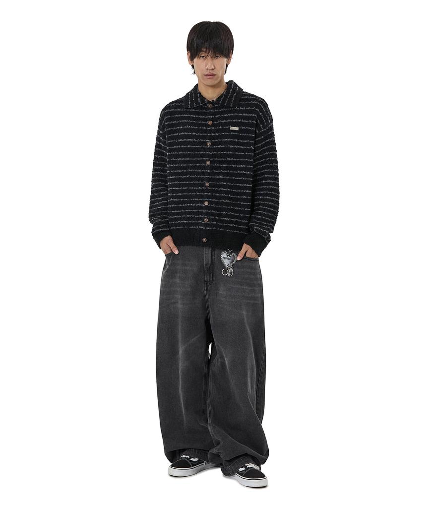 Openyard(Oy) Striped Boucle Collar Knit Cardigan - Black