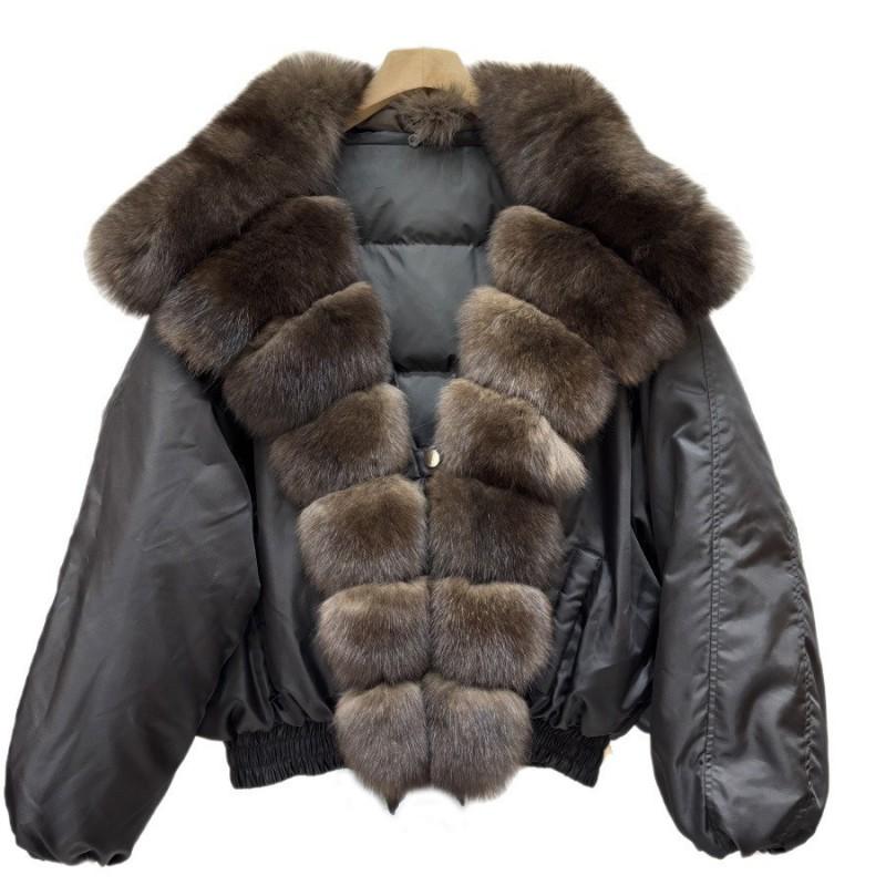 Womens Short Down Coat With Real Fox Fur Collar 90% White Duck Fill V-Neck Mid-Length Winter Outerwear