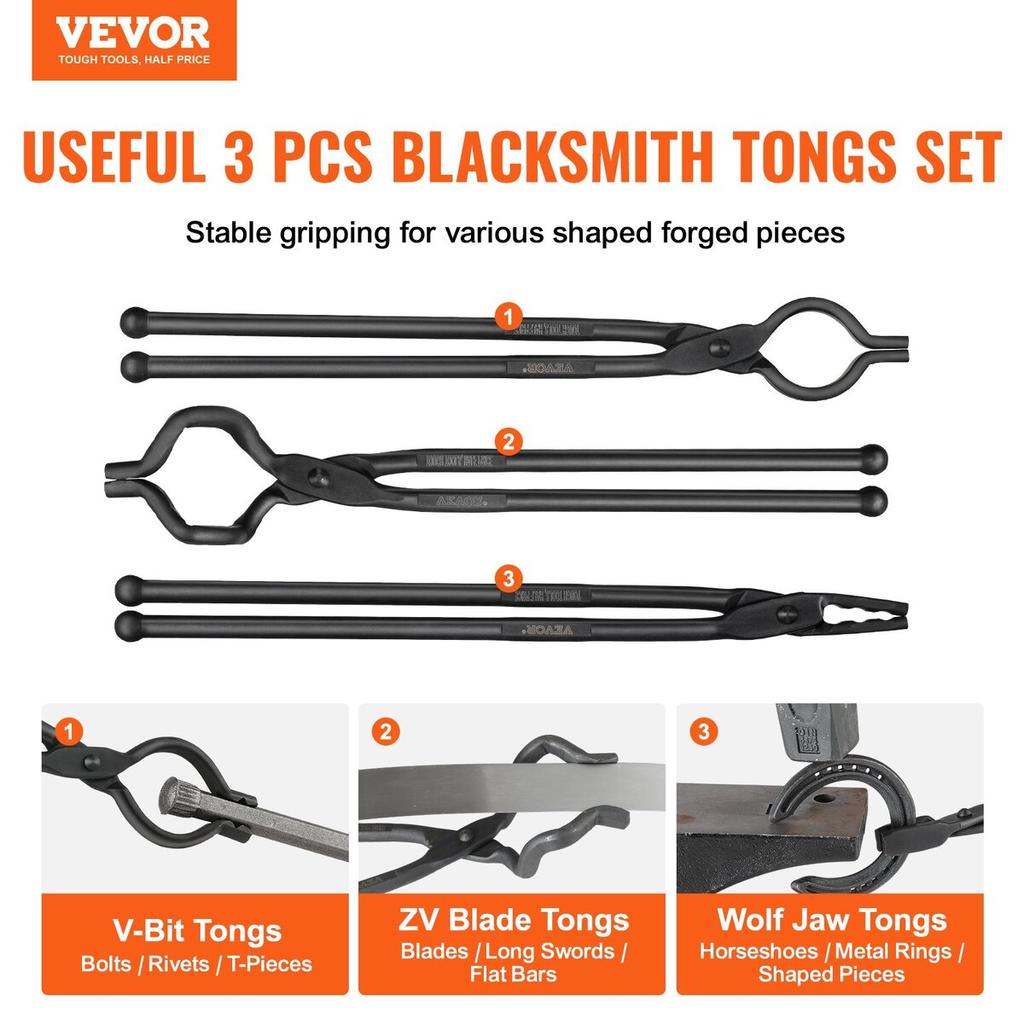 Blacksmith Tongs, 18” 3 PCS, V-Bit Bolt Tongs, Wolf Jaw Tongs and Z V-Bit Tongs, Carbon Steel Forge Tongs with A3 Steel Rivets, for Beginner and