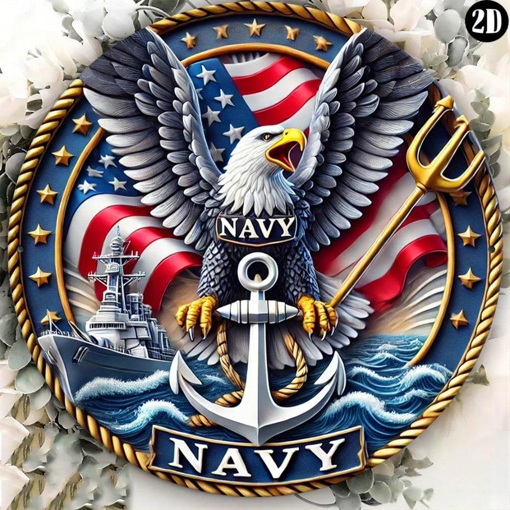 Vintage Eagle Navy Metal Sign Round Wall Art Home Outdoor Decor Fourth of July Patriotic Gift Customized