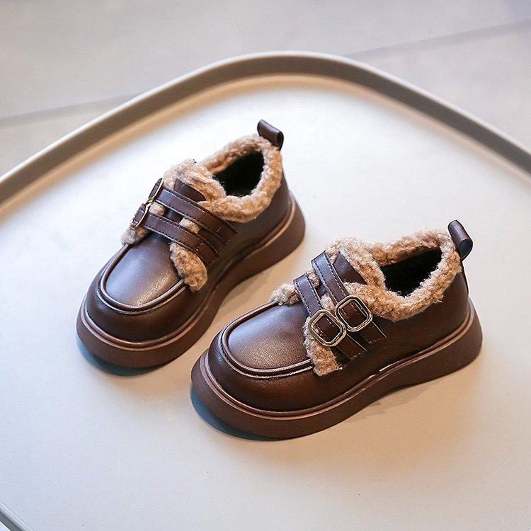 

Хлопковые туфли для девочек бархатные туфли принцессы 2025 осень и зима британский стиль теплые туфли Doudou утолщенная мягкая подошва кожаные туфли для маленькой девочки 36 темно-коричневого