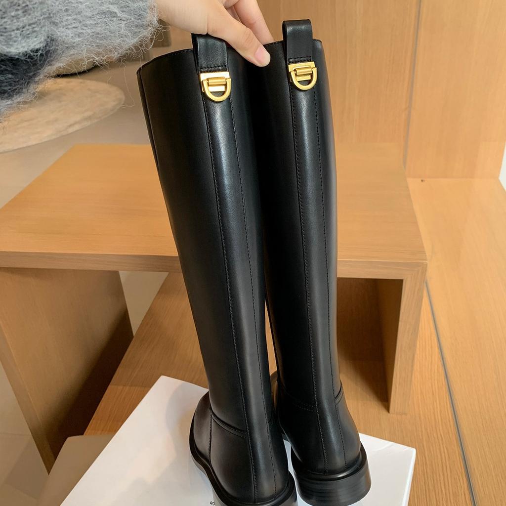 Cowhide version~ Grape mother, the same long boots, women's knight boots, genuine leather, low thick heel, thick bottom, side zipper, high boots.