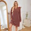 Women's Fall Winter Ribbed Knit Dress Casual Long Sleeve V Neck Mini Dress Loose Pullover Sweater Dress with Pockets