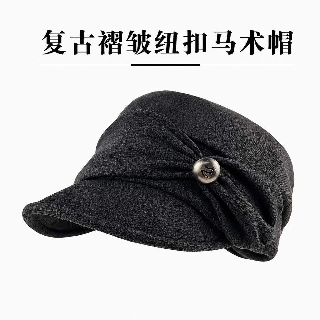 Vintage Pleated Button Equestrian Hat Women's Spring and Autumn Face Peaked Hat Fashion Versatile Bere Newsboy Hat