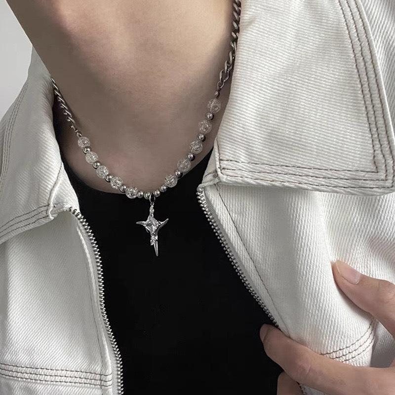 Ice Crack Bead Splicing Cross Titanium Steel Necklace Men'S Hip-Hop Niche High-End Sense Light Luxury Ruffian Handsome Trendy Sweater Chain