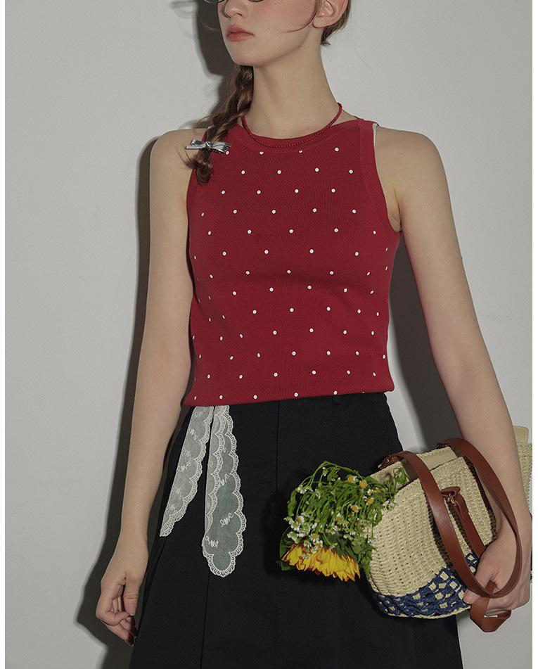 

Законодатель моды: Хлопковый вязаный топ в горошек для женщин - Летний стиль горячей девушки One Size красный