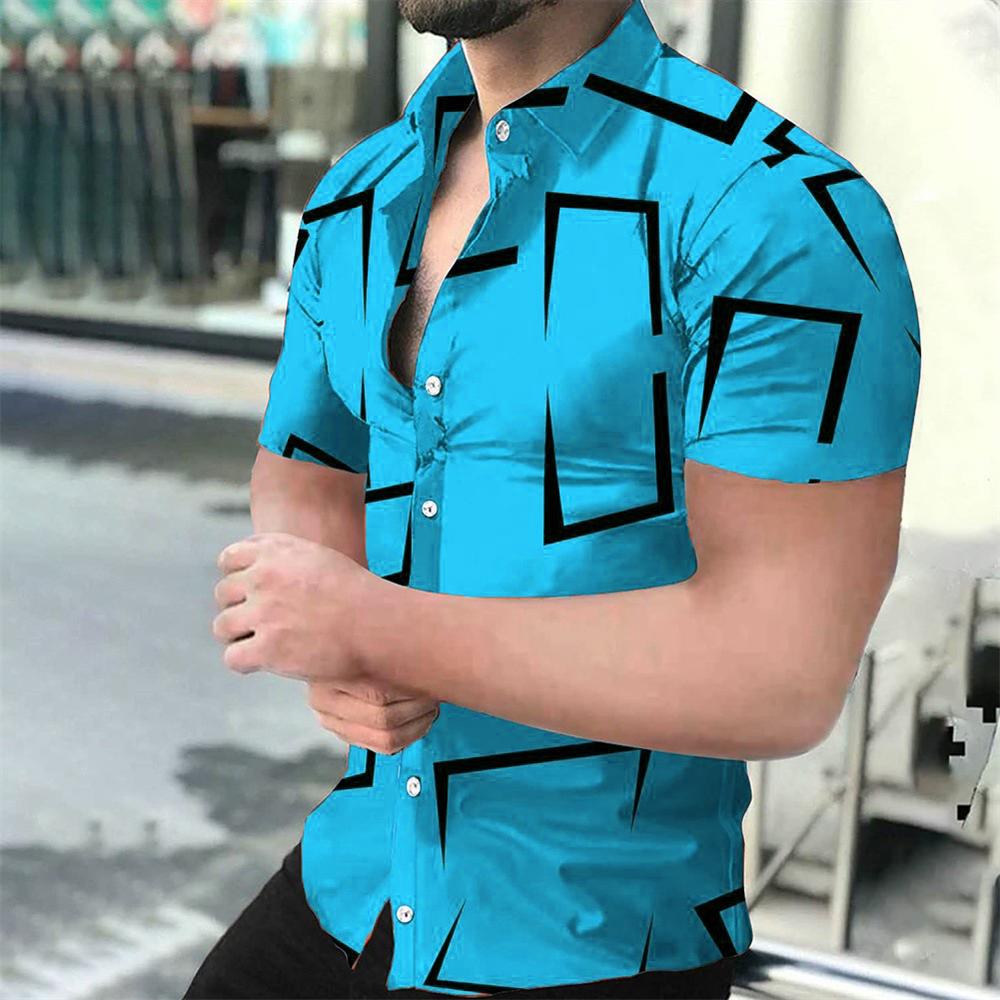 Men's Geometric Line Printed Shirt, Summer Casual Fashion, Lapel Button,Comfortable Fabric, Short Sleeve Shirt, 2024