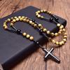 Natural Tiger Eye Stone Catholic Christ Rosary Car Hanging Ornament For Women Men Hematite Cross Pendant Mala Jewelry