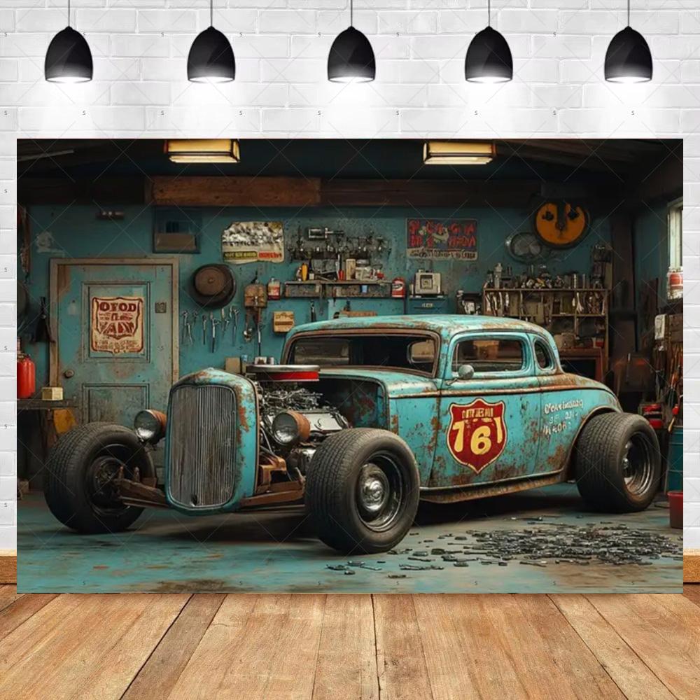 Bannière de Fond de Voiture Chaude Vintage Décoration de Fête Toile de Fond de Garage Classique Fournitures Style Industriel Pneu Outil Accessoire de Photographie