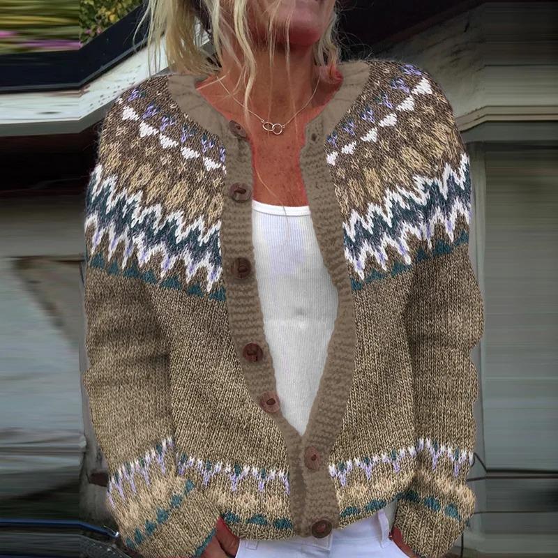 Women's Pink V-Neck Knit Cardigan with Jacquard Floral Pattern