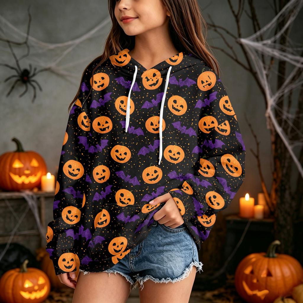 Children's Casual Hoodie with Halloween Print Pullover for Holiday Parties