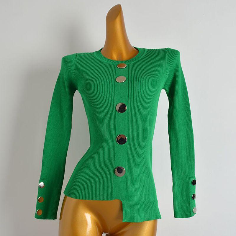 Spring & Fall New Round Neck Pullover Asymmetrical Metal Buckle Long Sleeves Bottoming Shirt Women's Fashion All-Matching Knitwear Tops