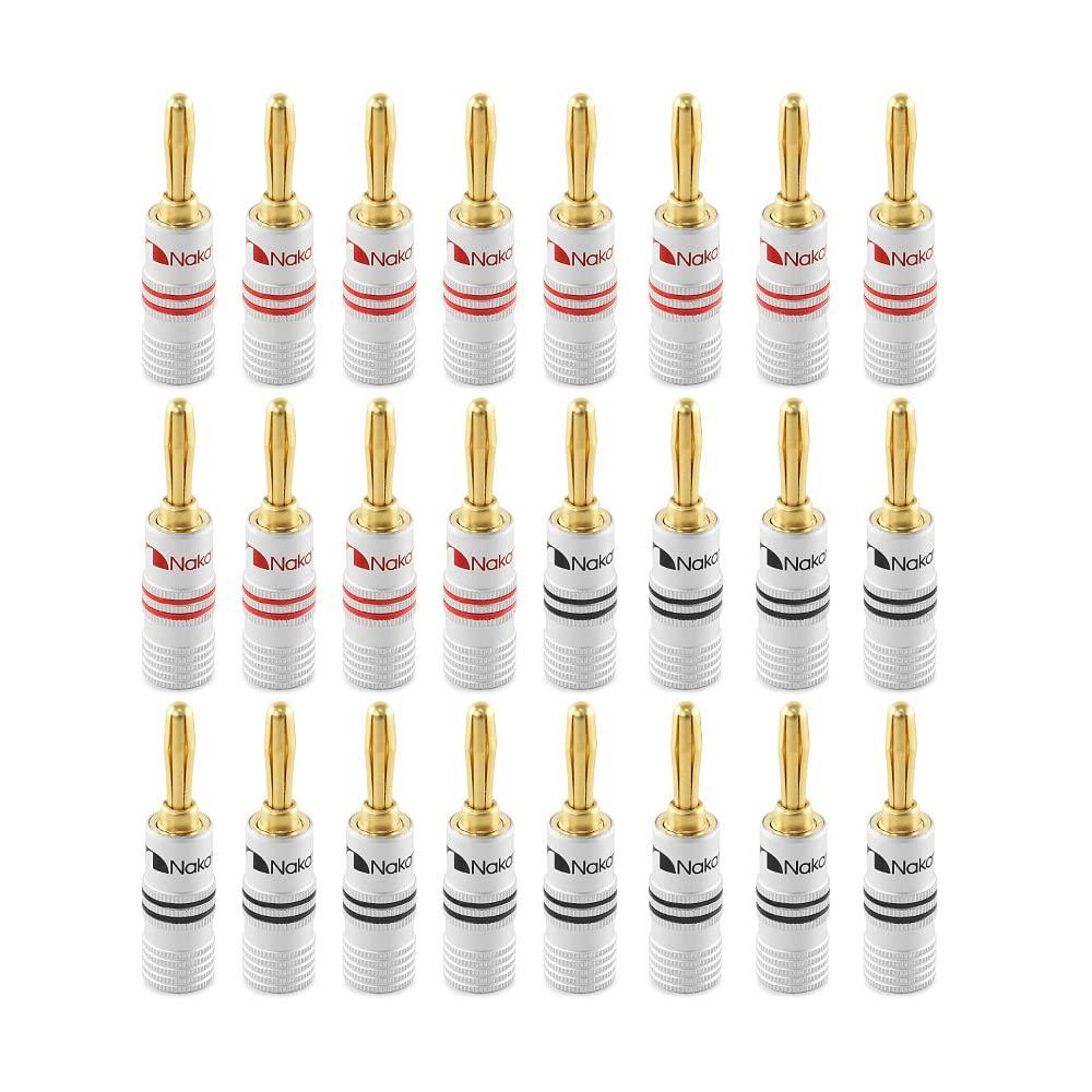 

Nakamichi Banana Plugs, 24K Gold-Plated Speaker Cable Connectors, Aluminum Metal Shell, 12AWG-18AWG, 4mm Gauge (24 pieces (12 pairs), Banana Plugs)