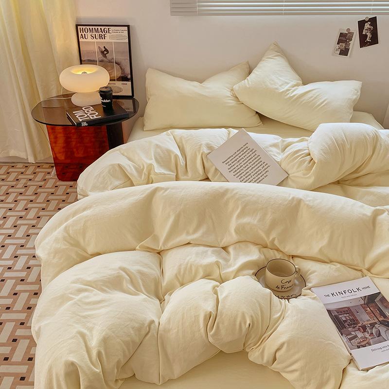 Four-piece Set for Sleeping Naked On Winter Bed, Washed Cotton Sheets, Quilt Cover, Fitted Sheet, Three-piece Set for College Dormitory