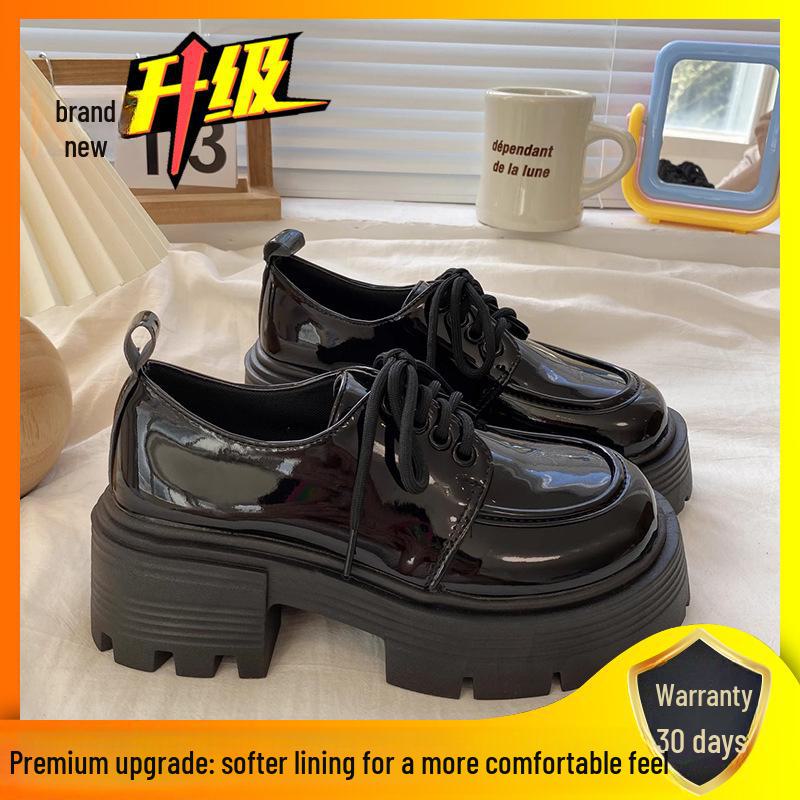 "Women's Black Chunky-Heeled Lace-Up Leather Loafers for Spring/Summer 2024 - British & Japanese Style"