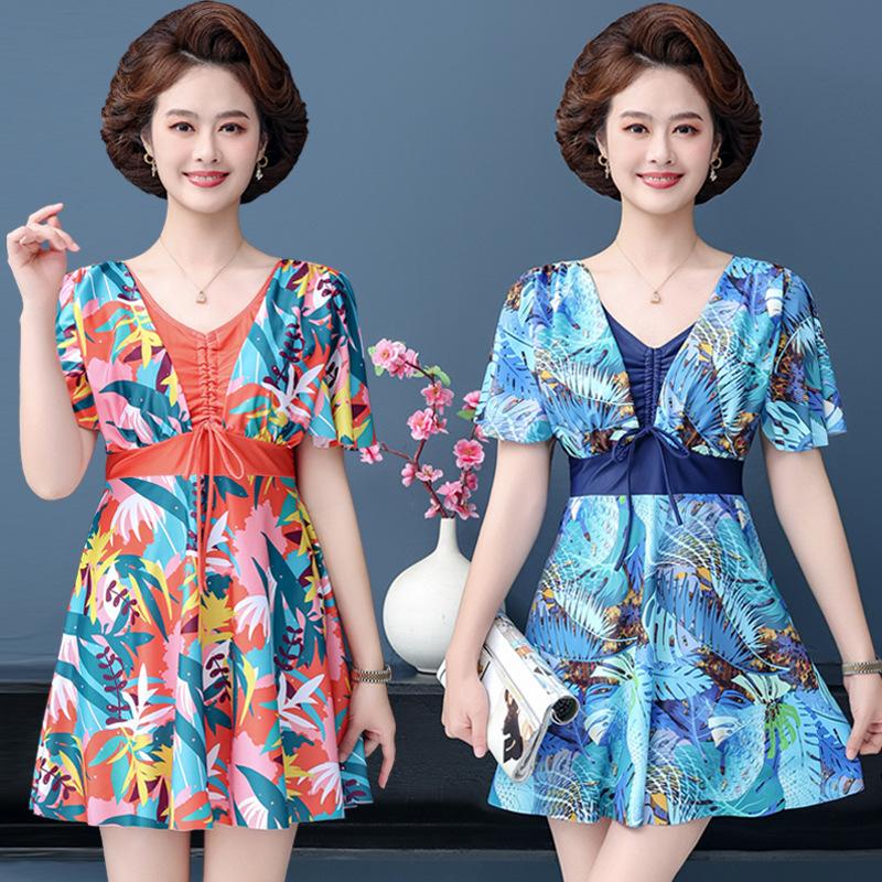 Large Size Middle Aged Women Two Pieces Modest Swimsuit Printed Drawstring Swim Dress Boyshorts Swimwear Set Short Sleeves Hot Spring Bathing Suit