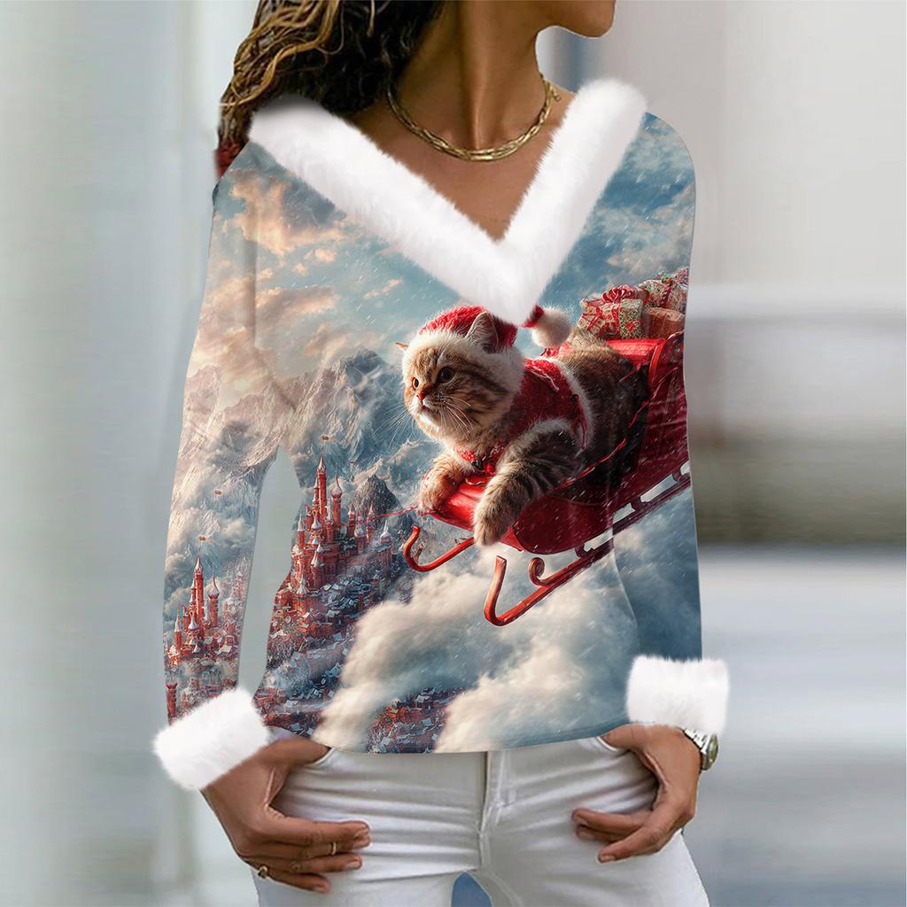 Women's T Shirt Tee Christmas Shirt Long Sleeve Party Christmas Print Fleece Collar V Neck Top