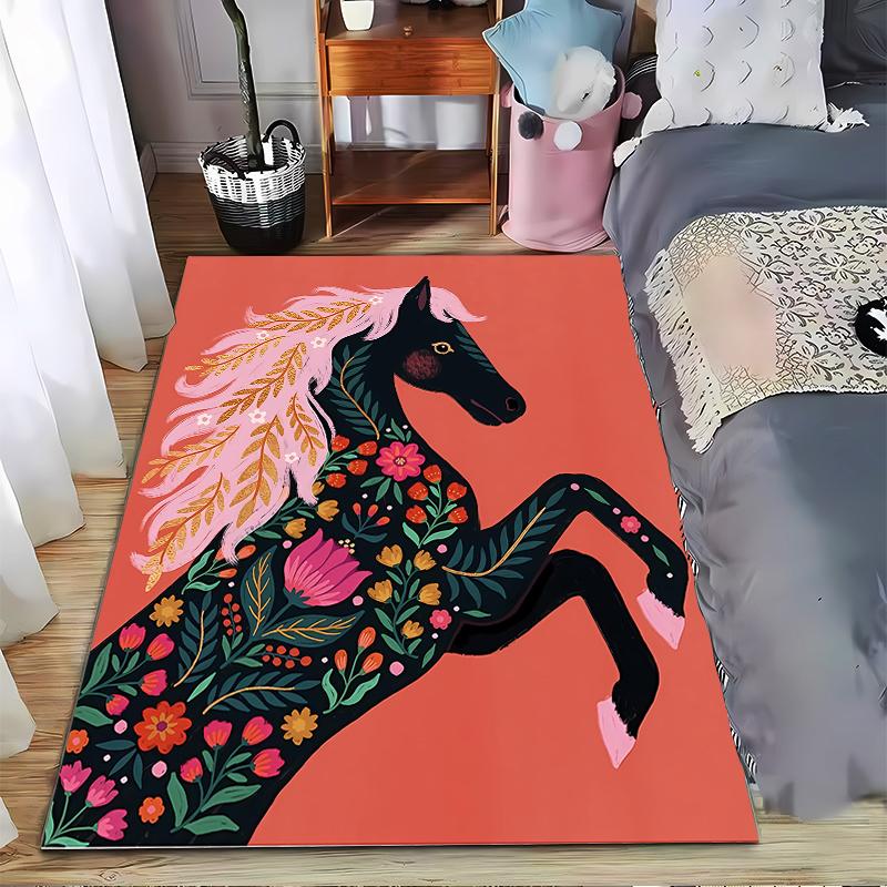 Floral Horse Design Carpet with Pink Mane on Coral Background Suitable for use as an anti-slip for living room bedroom sofas