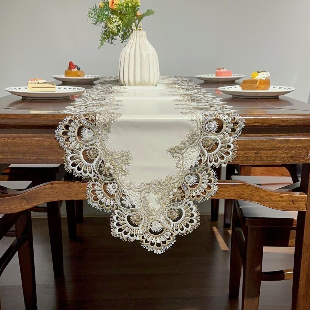 European Lace Table Flag Pu Waterproof And Oil-Proof, Solid Color Light Luxury Long Tablecloth Table Flag