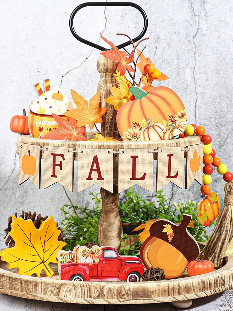 Thanksgiving Wooden Layered Tray Decorative Crafts Fall Pumpkin Maple Leaf Truck Farmhouse Party