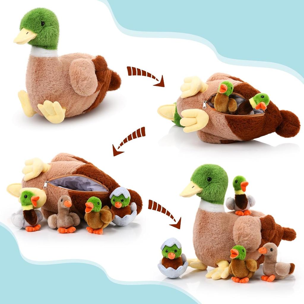 Zomiboo 5 Pieces Duck Stuffed Animals Plush Toys Includes Big Stuff Mommy Duck with 4 Little Baby Duck Soft Duck Family Plush with Zipper Pouch for