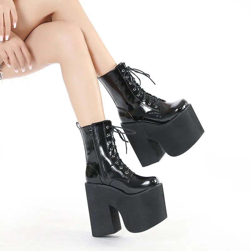 Fashion Buckle Strap Platform Boots Extreme High Heels Cool Punk Womens Mid Calf Boots Goth Shoes for Nightclub  Leather