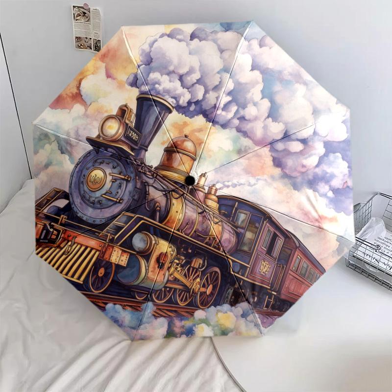 Steampunk  pattern, automatic folding umbrella, portable and foldable design, 8 ribs, a Christmas or birthday gift.