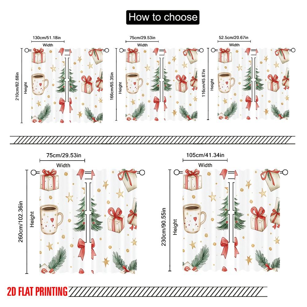 2pcs,2D Plane Printing Curtain Fabric Christmas Tree Bow Gift Snowflakes (2) Versatile Polyester Fabric (without Rod)