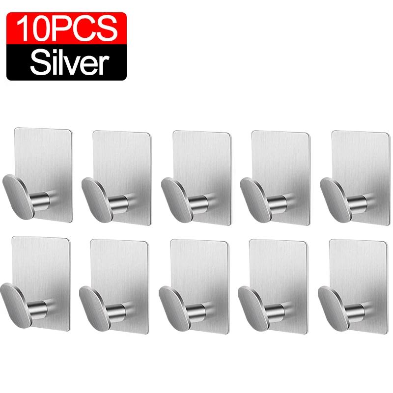10/1pc Stainless Steel Wall Hooks Bathroom Robe Hook Adhesive Key Clothes Hanger Towel Holder Kitchen Bathroom MultiPurpose Hook