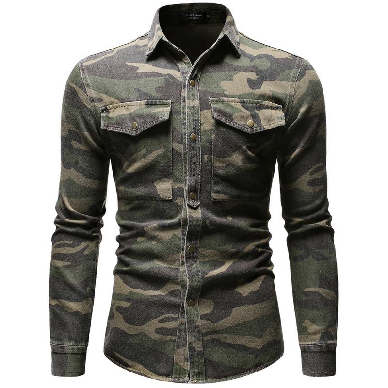 Herren Casual Langarm Camouflage Hemd mit Umlegekragen