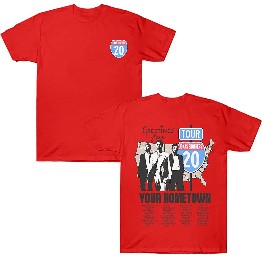 

Футболка Jonas Brothers Greetings From Your Hometown Route 20 Tour Винтажная футболка группы Уличная одежда Харадзюку Унисекс Летний хлопковый топ XXL