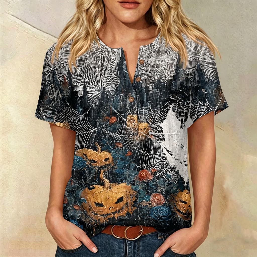 Women Casual Short Sleeve Henley Shirt Cotton Linen Blend Halloween Print Front Pocket Button Neck Blouse
