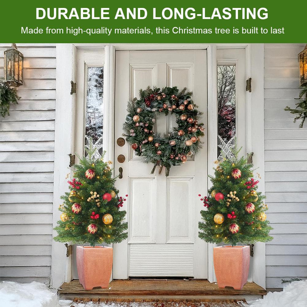 Holiday Christmas Tree with Tripod Stake Artificial Xmas Tree with Balls Berries Holiday Planter Filler for Front Porch Pathway