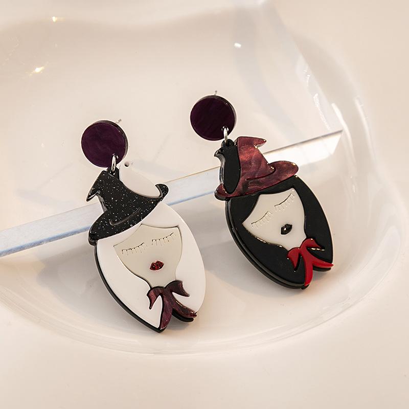 Design Witch Asymmetric Earrings, Creative Cartoon Acrylic Earrings, Black And White Splicing Earrings.